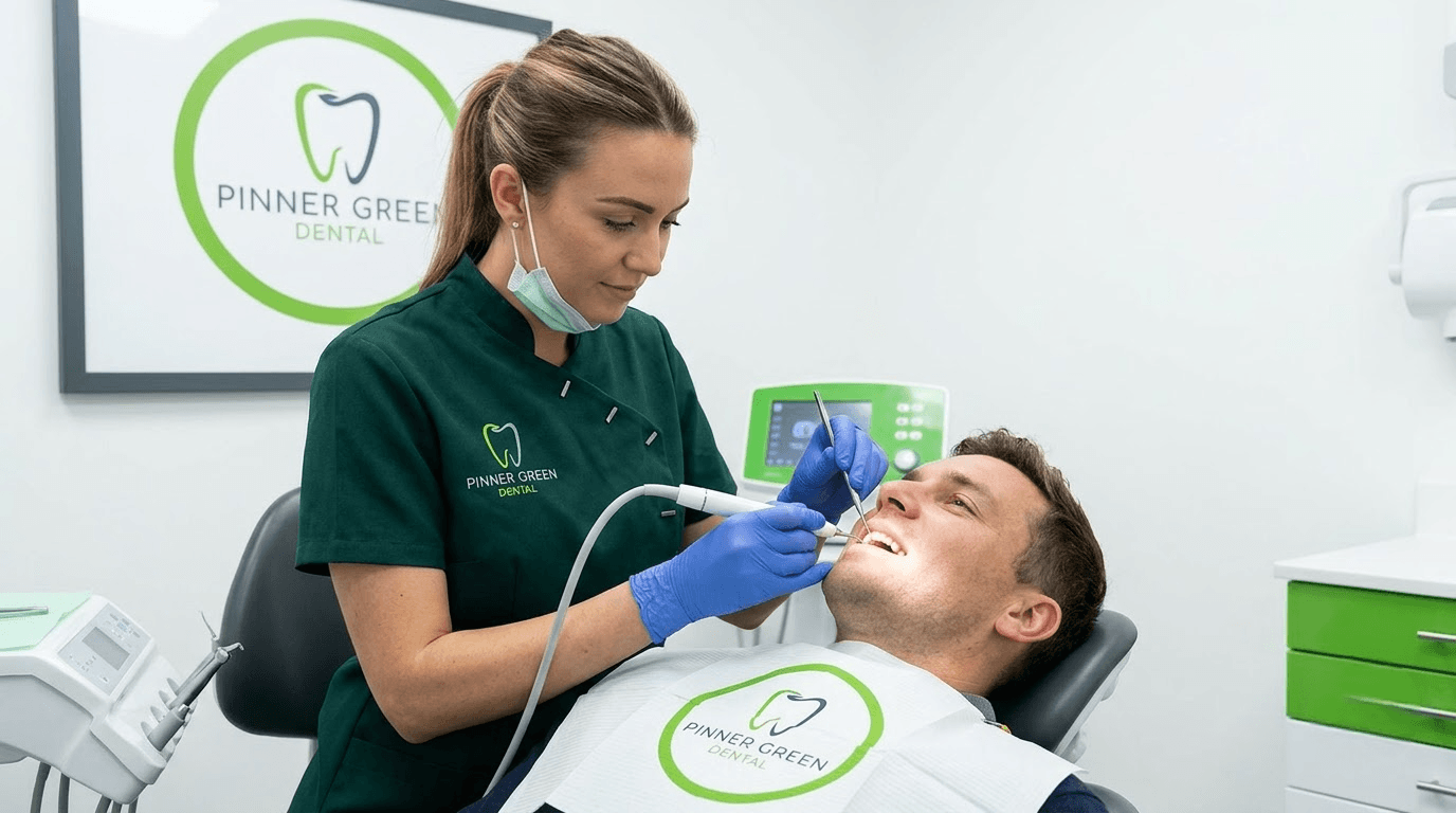 Dental hygienist performing a professional teeth cleaning treatment at Pinner Green Dental