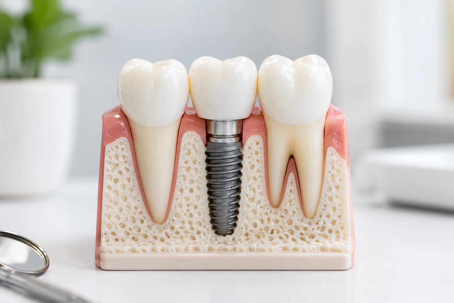 Dental implant model with crown showing the final stage of implant treatment